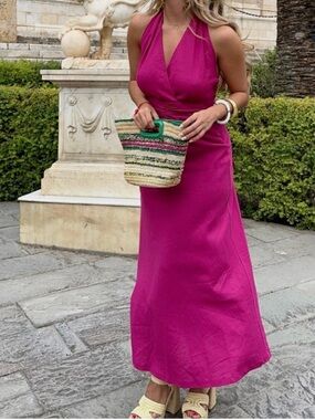 Zara Magenta Linen Halter Neck Maxi Dress with Tie Back Detail